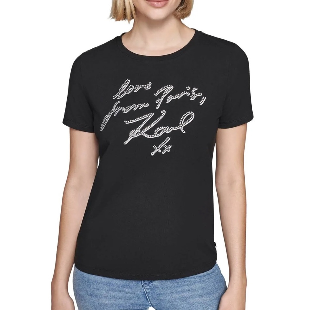 Karl Lagerfeld Black Silver Rhinestone Relaxed Tee - Picture 1 of 7